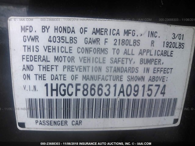 1HGCF86631A091574 - 2001 HONDA ACCORD VALUE GREEN photo 9