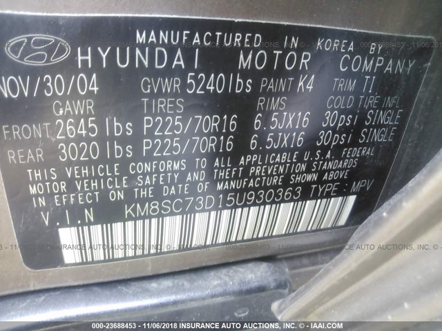 KM8SC73D15U930363 - 2005 HYUNDAI SANTA FE GLS/LX BROWN photo 9