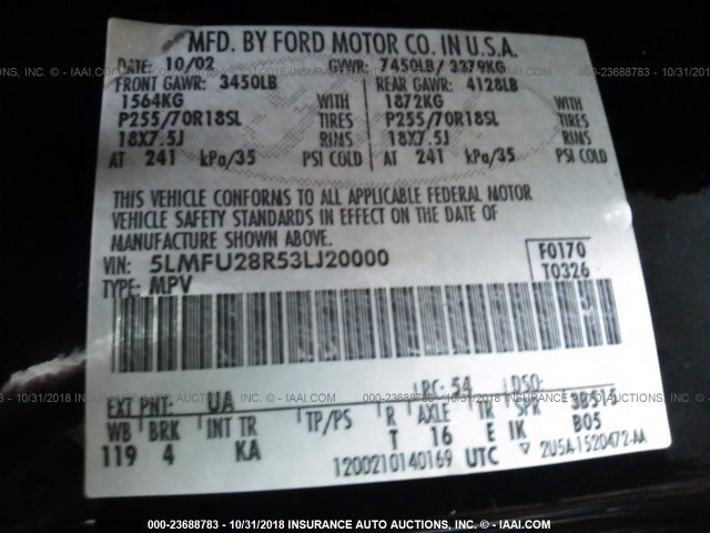 5LMFU28R53LJ20000 - 2003 LINCOLN NAVIGATOR Czarny zdjęcie 9