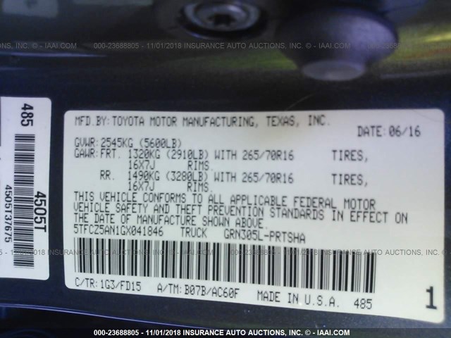 5TFCZ5AN1GX041846 - 2016 TOYOTA TACOMA DBL CAB/SR/SR5/TRD SPT/OR GRAY photo 9