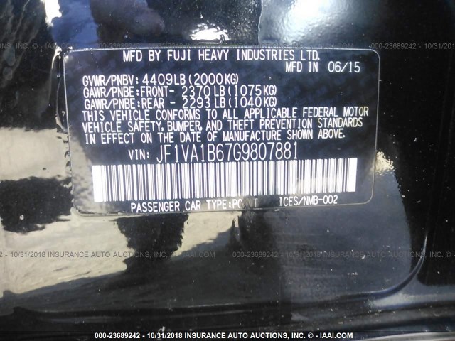 JF1VA1B67G9807881 - 2016 SUBARU WRX BLACK photo 9