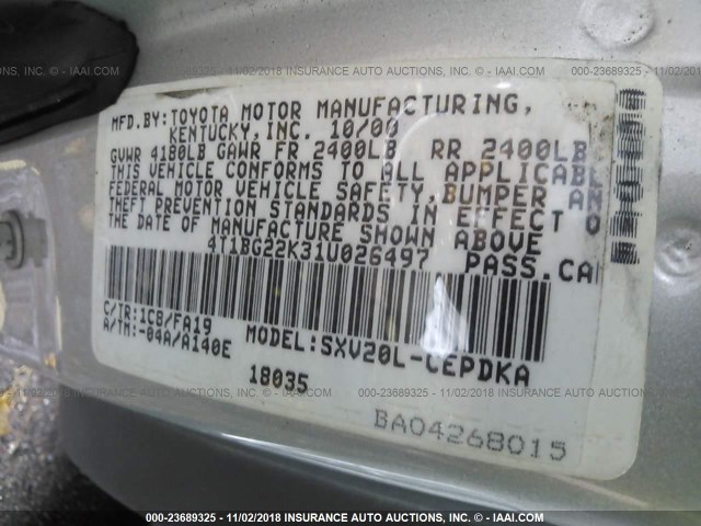 4T1BG22K31U026497 - 2001 TOYOTA CAMRY CE/LE/XLE 灰色 照片 9