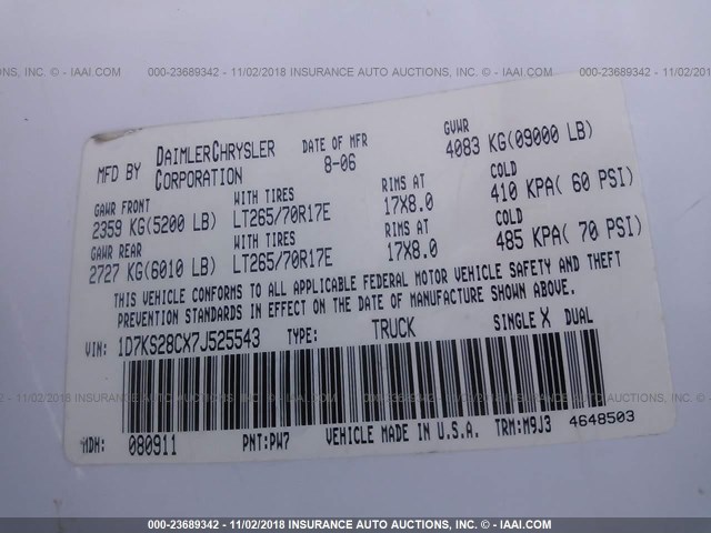1D7KS28CX7J525543 - 2007 DODGE RAM 2500 ST/SLT 白色 照片 9