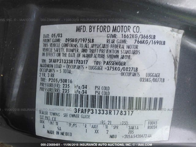 3FAFP31333R178317 - 2003 FORD FOCUS ZX3 GRAY photo 9