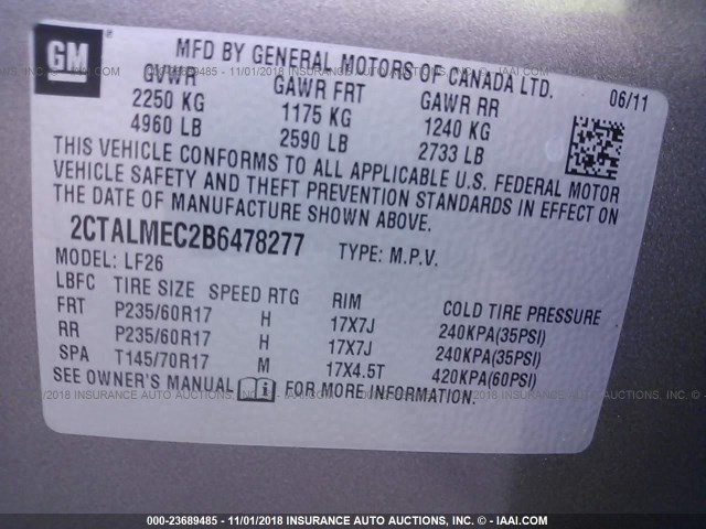 2CTALMEC2B6478277 - 2011 GMC TERRAIN SLE GRAY photo 9