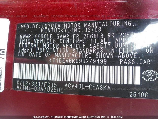 4T1BE46K09U279199 - 2009 TOYOTA CAMRY SE/LE/XLE RED photo 9