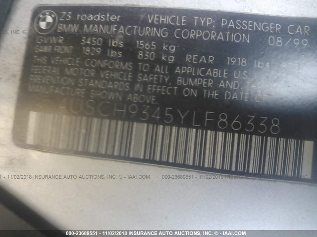 4USCH9345YLF86338 - 2000 BMW Z3 2.3 SILVER photo 9