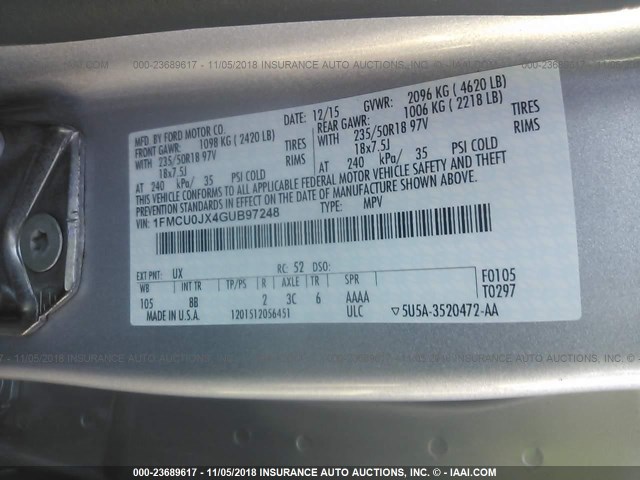 1FMCU0JX4GUB97248 - 2016 FORD ESCAPE TITANIUM SILVER photo 9