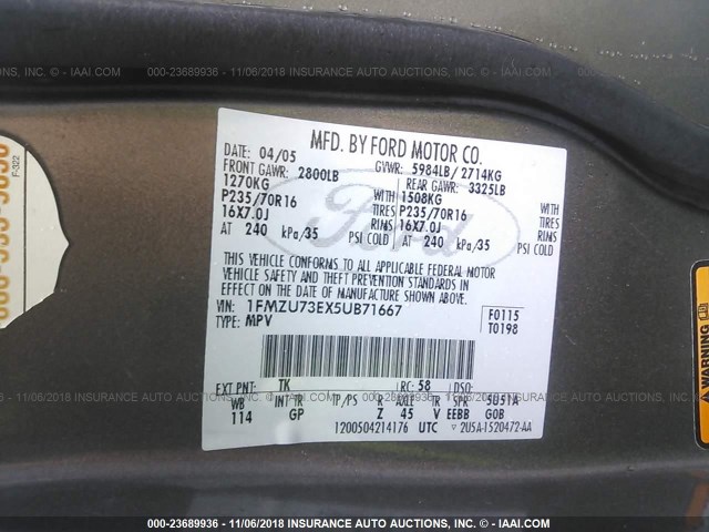 1FMZU73EX5UB71667 - 2005 FORD EXPLORER XLT/XLT SPORT/NBX 棕色 照片 9