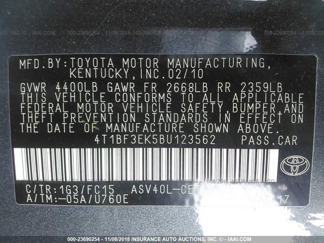 4T1BF3EK5BU123562 - 2011 TOYOTA CAMRY SE/LE/XLE GRAY photo 9