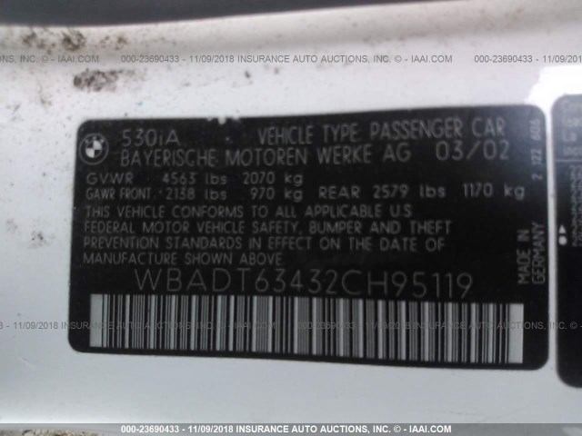 WBADT63432CH95119 - 2002 BMW 530 I AUTOMATIC WHITE photo 9