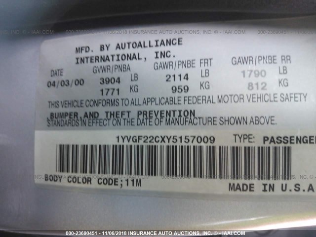 1YVGF22CXY5157009 - 2000 MAZDA 626 SILVER photo 9