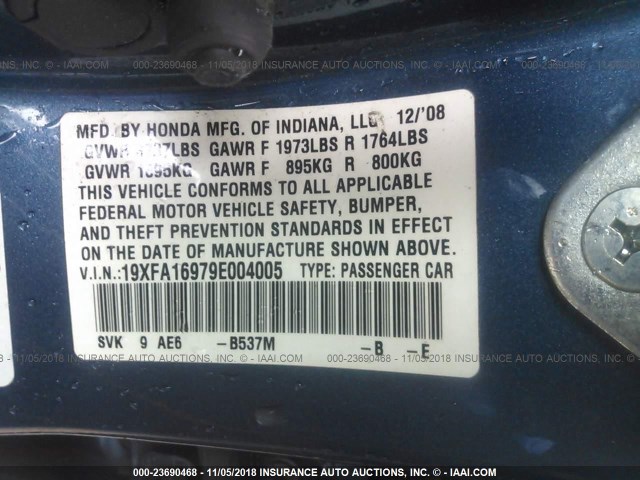 19XFA16979E004005 - 2009 HONDA CIVIC EXL 蓝色 照片 9