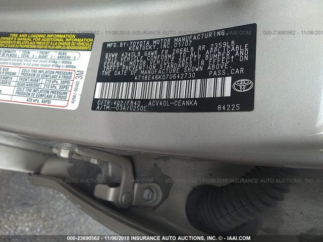 4T1BE46K07U642730 - 2007 TOYOTA CAMRY NEW GENERAT CE/LE/XLE/SE GOLD photo 9