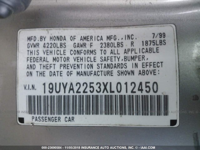 19UYA2253LX012450 - 1999 ACURA 3.0CL GRAY photo 9