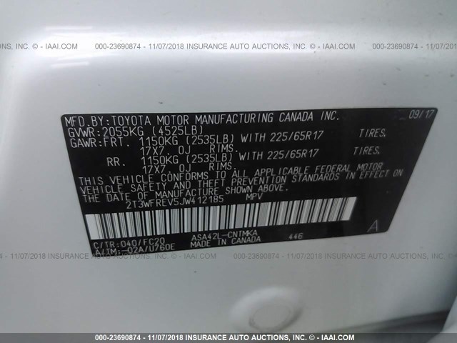 2T3WFREV5JW412185 - 2018 TOYOTA RAV4 ADVENTURE/XLE 白色 照片 9