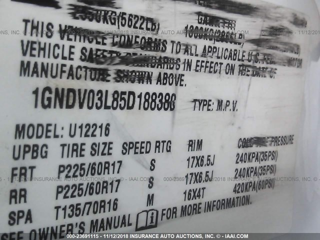 1GNDV03L85D188380 - 2005 CHEVROLET UPLANDER WHITE photo 9