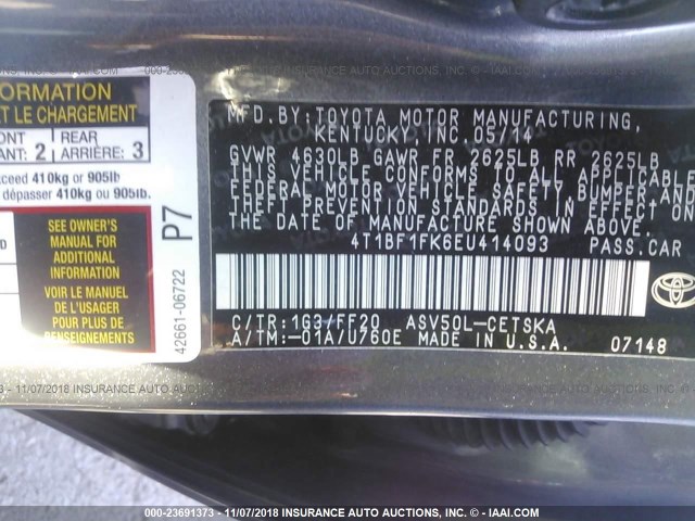 4T1BF1FK6EU414093 - 2014 TOYOTA CAMRY L/SE/LE/XLE Boz foto 9