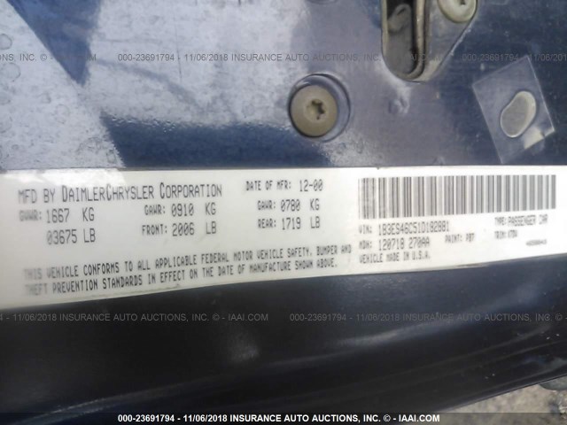 1B3ES46C51D182881 - 2001 DODGE NEON SE/ES BLUE photo 9