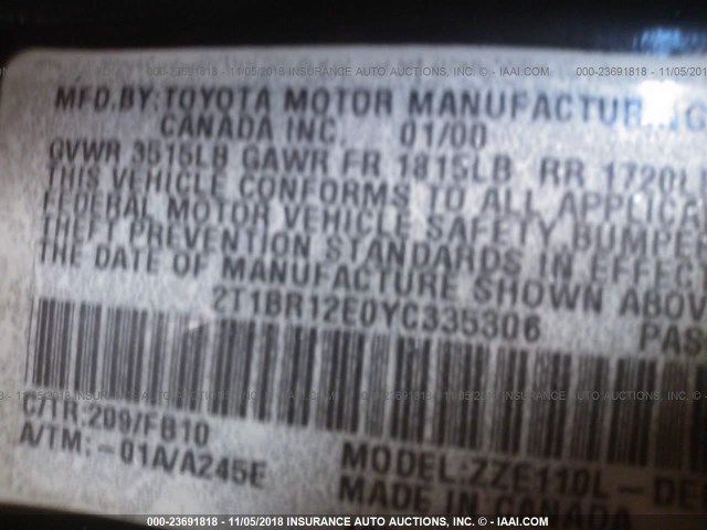 2T1BR12E0YC335306 - 2000 TOYOTA COROLLA VE/CE/LE 黑色 照片 9