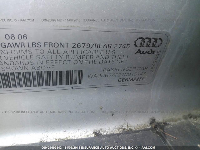 WAUDH74F27N015143 - 2007 AUDI A6 3.2 QUATTRO SILVER photo 9