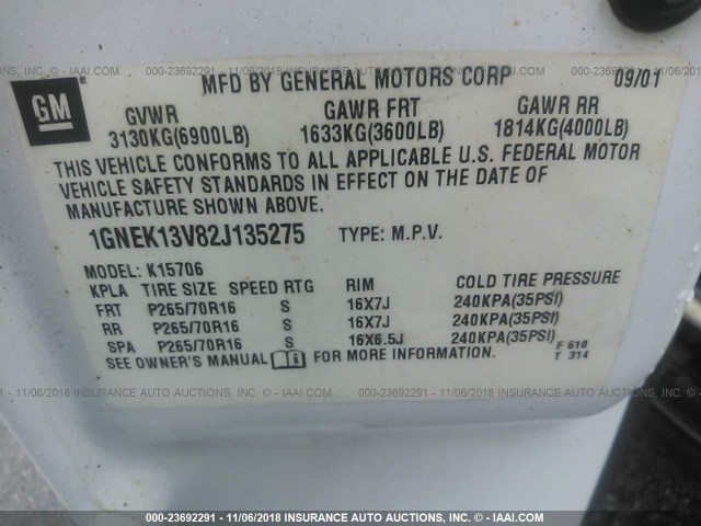 1GNEK13V82J135275 - 2002 CHEVROLET TAHOE K1500 YELLOW photo 9