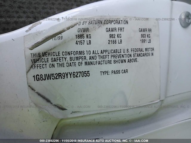 1G8JW52R9YY627055 - 2000 SATURN LS2 WHITE photo 9