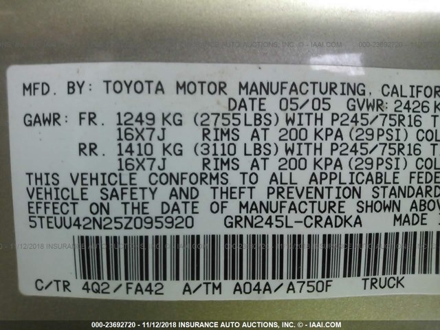5TEUU42N25Z095920 - 2005 TOYOTA TACOMA ACCESS CAB ოქროსფერი ფოტო 9