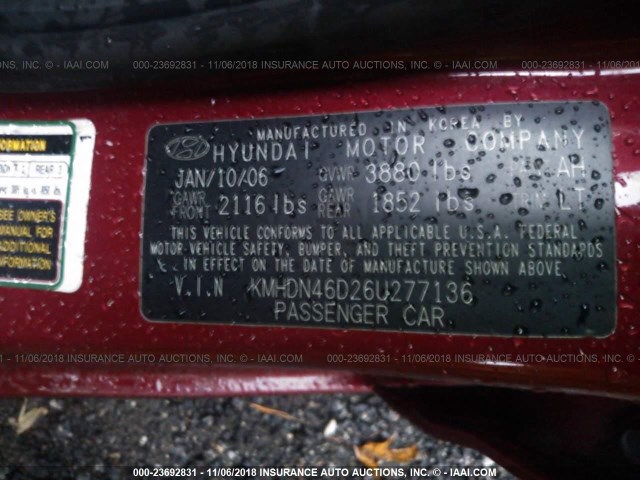 KMHDN46D26U277136 - 2006 HYUNDAI ELANTRA GLS/GT/LIMITED RED photo 9