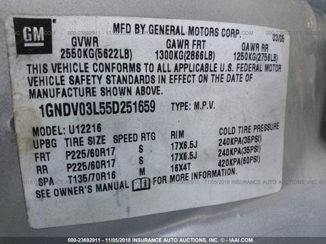 1GNDV03L55D251659 - 2005 CHEVROLET UPLANDER SILVER photo 9