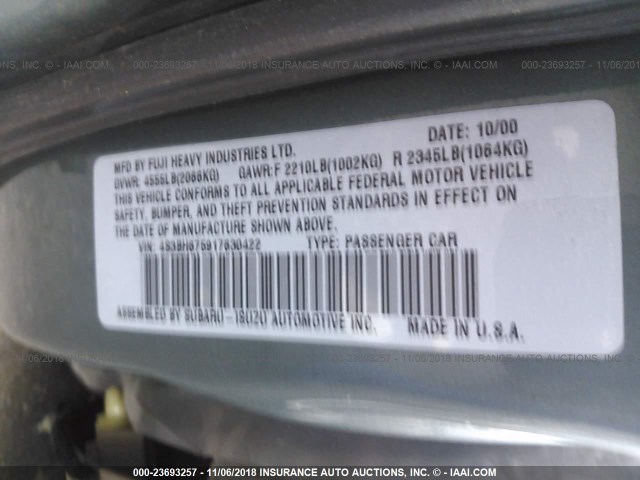 4S3BH675917630422 - 2001 SUBARU LEGACY OUTBACK AWP 青色 照片 9