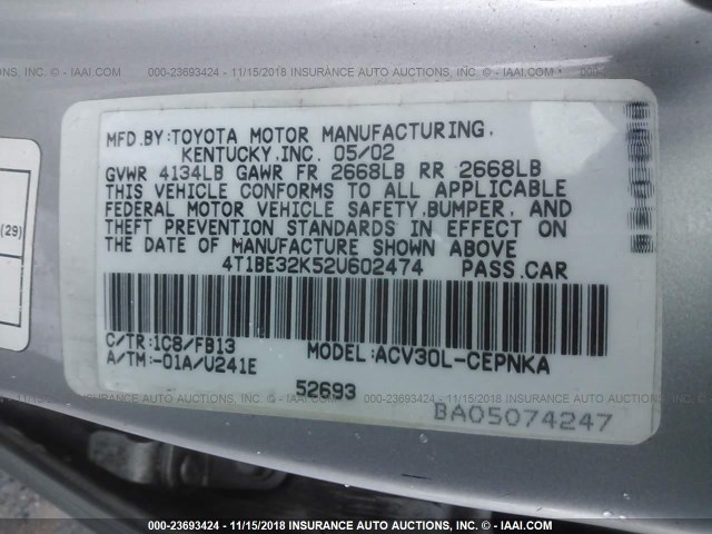 4T1BE32K52U602474 - 2002 TOYOTA CAMRY LE/XLE/SE SILVER photo 9