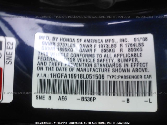 1HGFA16918L051506 - 2008 HONDA CIVIC EXL BLUE photo 9