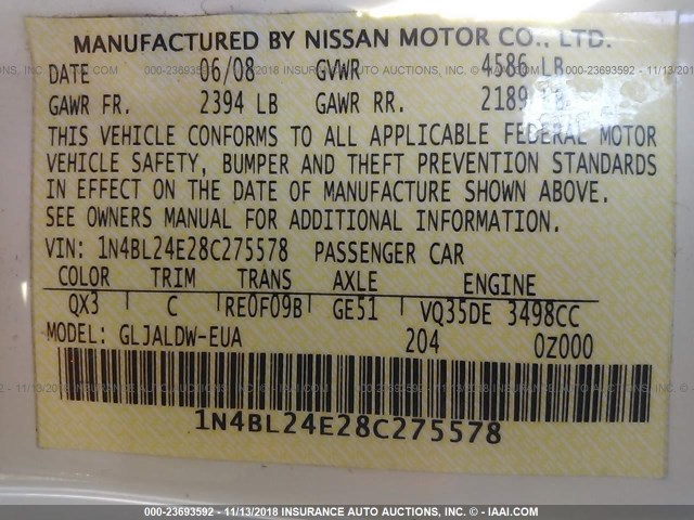 1N4BL24E28C275578 - 2008 NISSAN ALTIMA 3.5SE WHITE photo 9