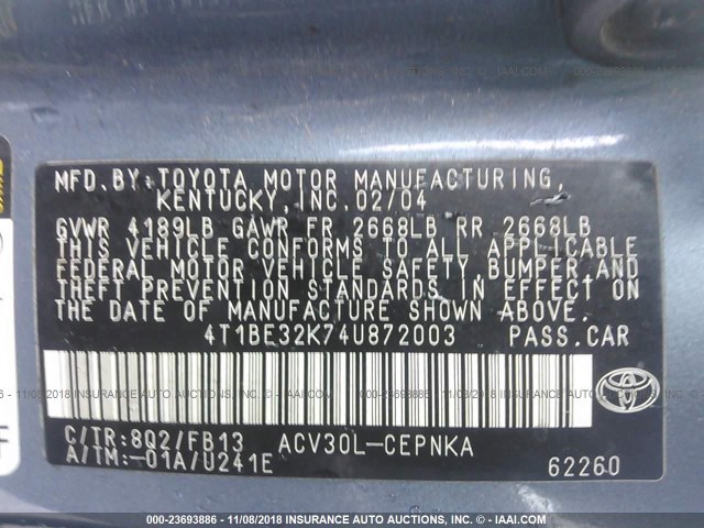 4T1BE32K74U872003 - 2004 TOYOTA CAMRY LE/XLE/SE BLUE photo 9