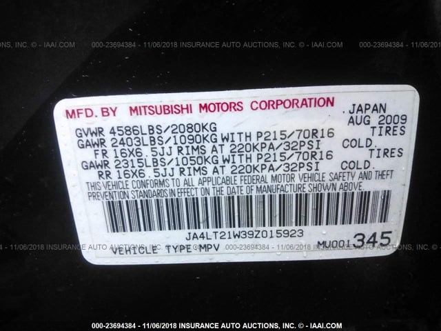 JA4LT21W39Z015923 - 2009 MITSUBISHI OUTLANDER ES შავი ფოტო 9