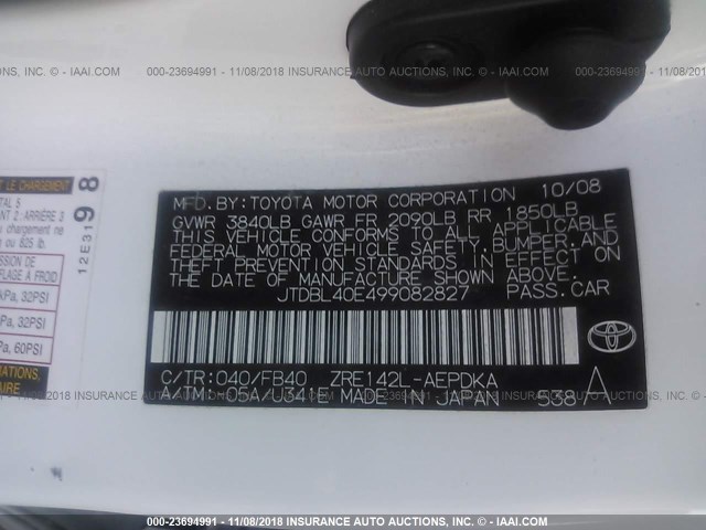 JTDBL40E499082827 - 2009 TOYOTA COROLLA LE/XLE WHITE photo 9