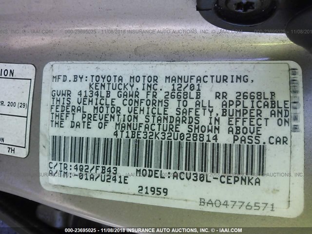 4T1BE32K32U028814 - 2002 TOYOTA CAMRY LE/XLE/SE GOLD photo 9