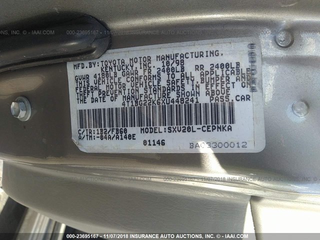 4T1BG22K6XU448241 - 1999 TOYOTA CAMRY CE/LE/XLE 香槟色 照片 9