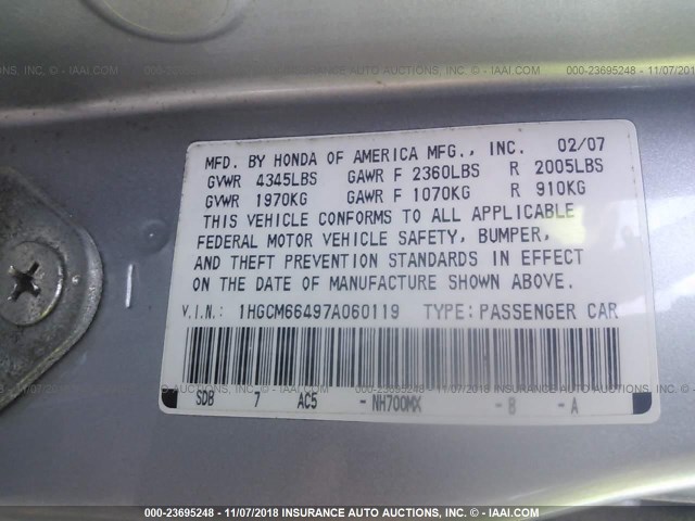 1HGCM66497A060119 - 2007 HONDA ACCORD SE SILVER photo 9