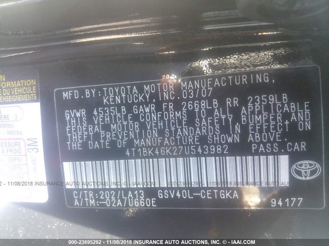 4T1BK46K27U543982 - 2007 TOYOTA CAMRY NEW GENERAT LE/XLE/SE BLACK photo 9