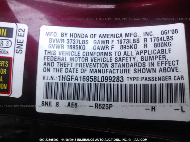 1HGFA16958L099283 - 2008 HONDA CIVIC EXL მუქწითელი ფოტო 9