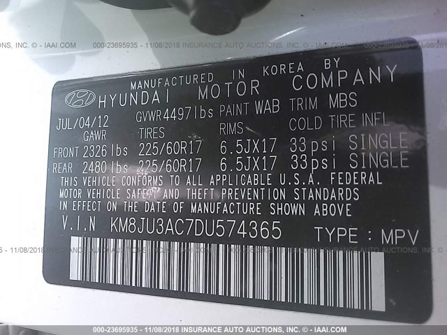 KM8JU3AC7DU574365 - 2013 HYUNDAI TUCSON GLS/LIMITED 白色 照片 9