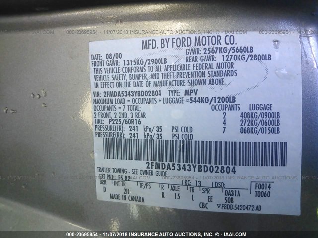 2FMDA5343YBD02804 - 2000 FORD WINDSTAR SEL GRAY photo 9