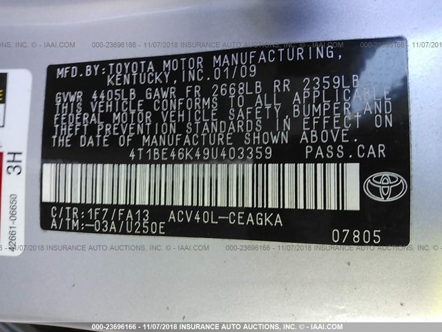 4T1BE46K49U403359 - 2009 TOYOTA CAMRY SE/LE/XLE SILVER photo 9