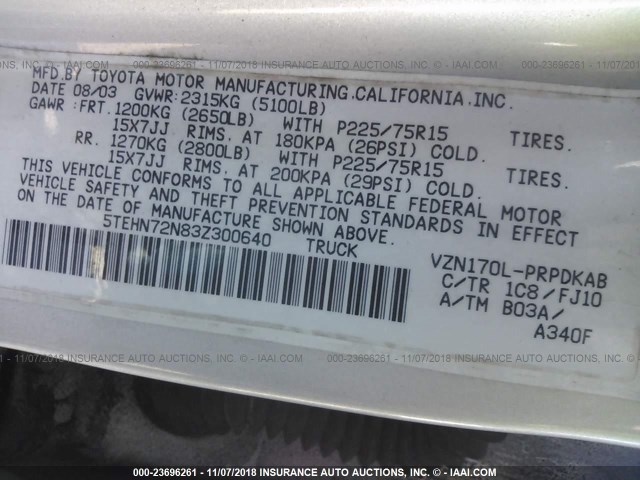 5TEHN72N83Z300640 - 2003 TOYOTA TACOMA DOUBLE CAB 银色 照片 9