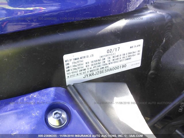 JYARJ28E5HA000190 - 2017 YAMAHA YZFR6 BLUE photo 10