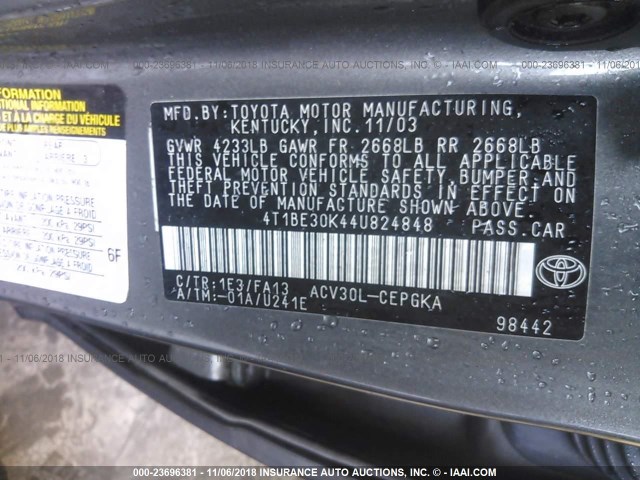 4T1BE30K44U824848 - 2004 TOYOTA CAMRY LE/XLE/SE 灰色 照片 9