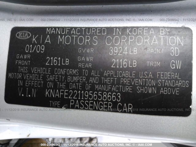 KNAFE221195658663 - 2009 KIA SPECTRA EX/LX/SX SILVER photo 9