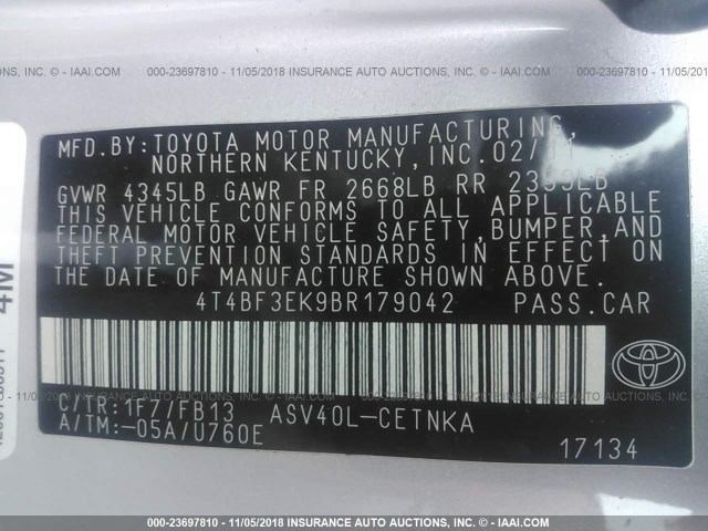 4T4BF3EK9BR179042 - 2011 TOYOTA CAMRY SE/LE/XLE SILVER photo 9